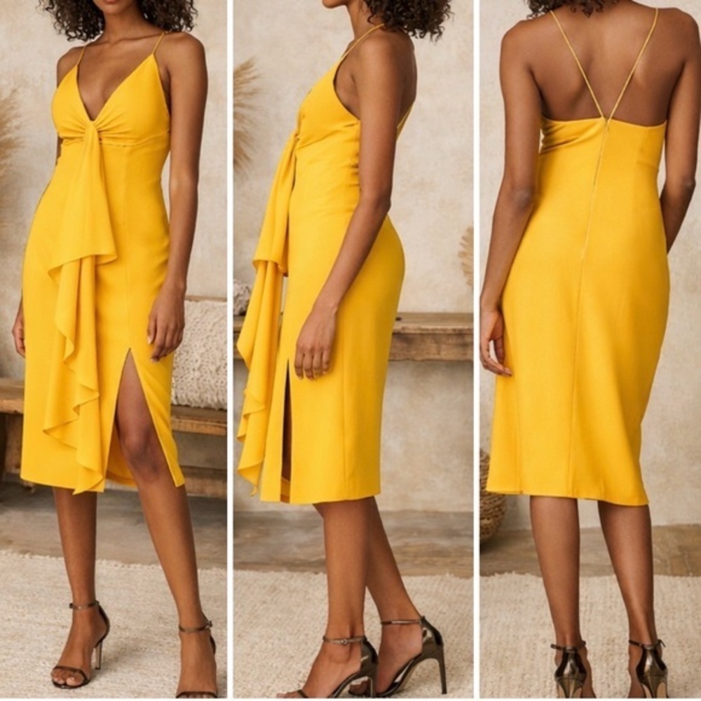 Jay Godfrey Yellow Gold Draped Midi Dress Sheath V-Neck Cocktail Spaghetti Strap